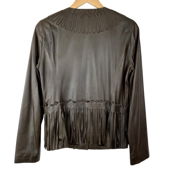Elie Tahari Brown Genuine Leather Embellished w/ Tassels Blazer Jacket Sz. Small - Picture 2 of 15